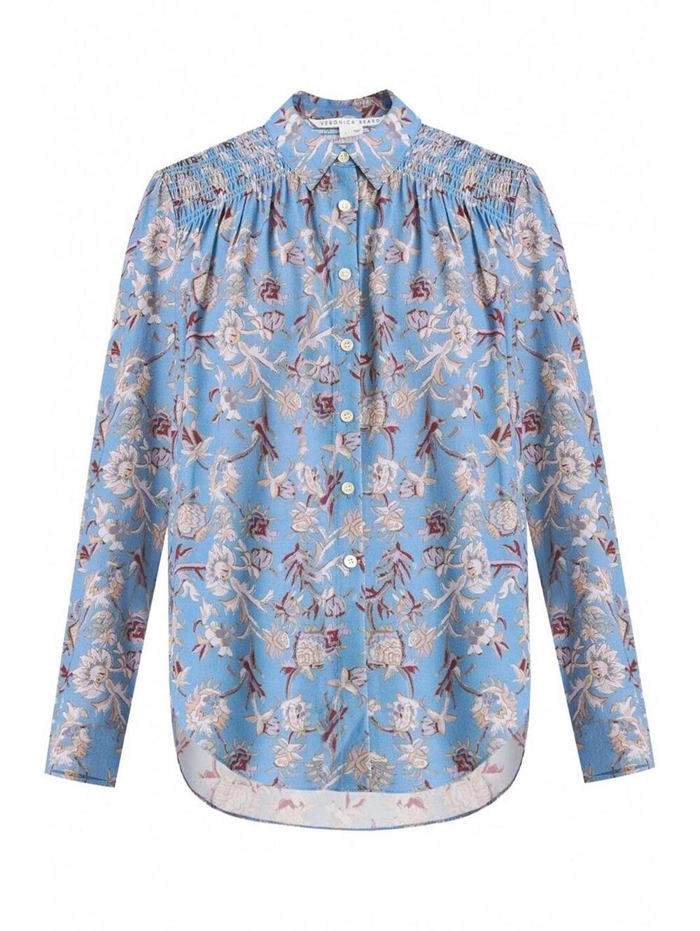 Veronica Beard Blue Floral Smocked Rayon Button Up Blouse Size 6